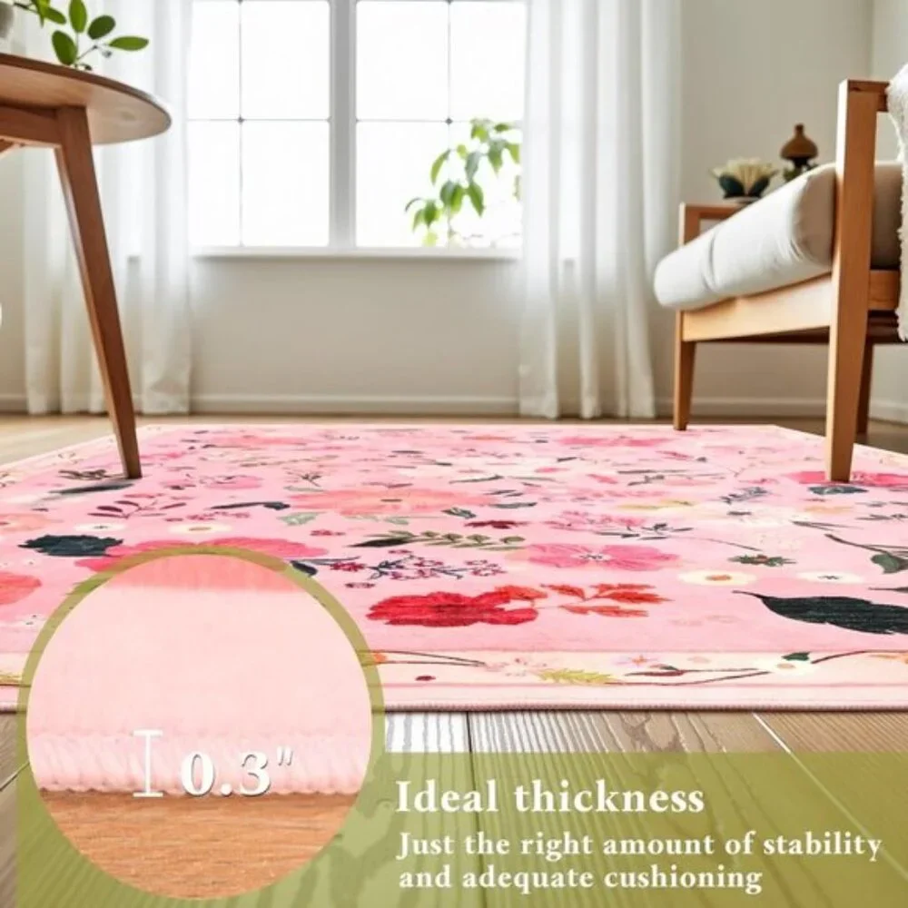 New 5x7 Pink Floral Rug, Washable, Non-Slip Carpet for Girls’ Bedroom & Playroom